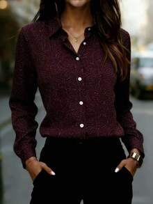 Women's Fashion Wine Red Polka Dot Print Polyester Shirt, Long Regular Sleeve, Shirt Collar, Button Placket - Redwood - View 6