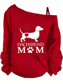 Valentine's Day Outfits For Women, Dachshund Graphic Design, Off The Shoulder Long Sleeve Top, Casual Pet Lover Style, Perfect For Dog Moms-Holiday Outfits For Women, Theme Graphic Tees, Festival Wear, Fun Party - Red - View 7