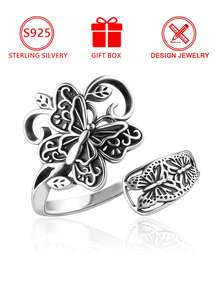 1pc 925 Sterling Silver Hollow Butterfly Pattern Double Layer Open Ring (Butterfly Duet Design), Gift Box, Suitable For Daily Wear And Valentine's Day Gift - Antique Silver - View 2