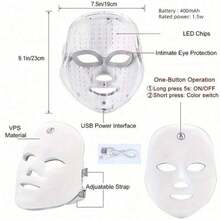 7色LED光疗面膜，LED光疗仪，红光疗法，适合所有肤质，面部护理工具，红光面膜，400mAh锂电池（白色面膜） - 白色 - 查看 5