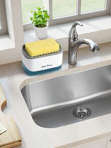 厨房皂液器、洗碗泡沫泵、海绵架、带海绵的洗洁精分配器、海绵沥水架、带沥水盘的塑料水槽收纳架、厨房配件、实用厨房小工具