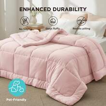 Thick Quilted Polyester Fabric Comforter Queen/King Size | Chic Solid-Color Bedroom Decor | Soft Warm Fluffy All-Season Stylish Bedding Accent - Pink - View 5