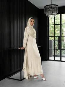 Solessence 1pc (Excluding Headscarf) Elegant Pleated Abaya Robe, Luxurious & Fashionable, Suitable For Parties, Ceremonies, Gatherings, Graceful Outfit - Apricot - View 6
