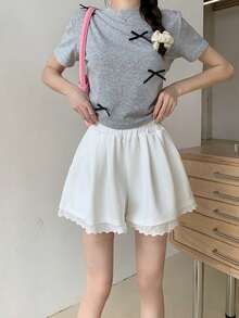 灰色蕾丝边休闲裤，百搭，松紧腰，宽松阔腿，娇小款，适合春夏穿着，白色 - 白色 - 查看 2