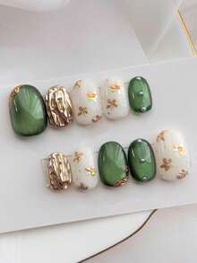 10片椭圆形绿白猫眼美甲贴纸，金色镶边，适合日常及节日佩戴，可重复使用，是女士和女孩的理想之选，可爱美甲贴片，手工按压式美甲贴纸 - 綠色 - 查看 2