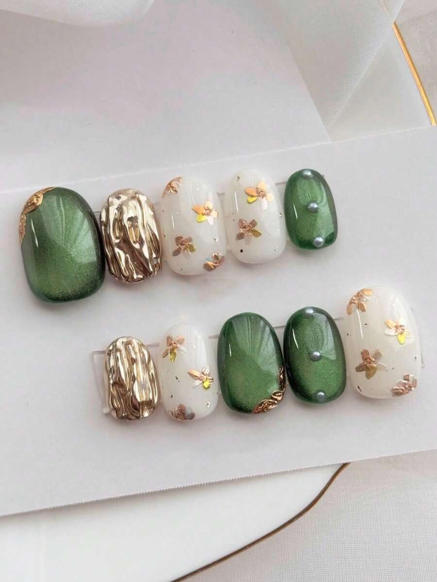 10片椭圆形绿白猫眼美甲贴纸，金色镶边，适合日常及节日佩戴，可重复使用，是女士和女孩的理想之选，可爱美甲贴片，手工按压式美甲贴纸