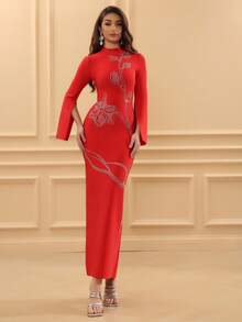 Love Aing Đầm đỏ tay dài dành cho nữ, sang trọng và trang trọng, được thiết kế như một chiếc váy dạ hội, thanh lịch, trang nhã và duyên dáng. Được đính sequin và có thiết kế xẻ tà, có thể mặc như váy cưới, và phù hợp cho các lễ hội, hẹn hò, tiệc cocktail, bữa tối và các buổi tiệc. Một chiếc đầm dài thanh lịch. - Đỏ - Xem 5