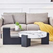 Modern, Simple Round Side Table With Two Levels – Transparent Grey Glass Top And Black MDF In An L-Shape. Marble-Effect Tabletop. Disassemblable Design For More Flexible Room Use. - 黑與白 - 查看 2