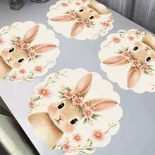 2/4/6/8pcs Round, Floral, Rectangular Brown Cute Rabbit, Pink Wreath Easter Happy Placemats, Pink Themed Seasonal Spring Dining Table Mats, Suitable For Party, Kitchen, Dining Room Decor - Multicolor - View 5