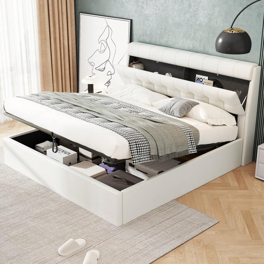 Upholstered Bed, 140 * 200, Hydraulic Bed, Hidden Headboard Door, Bed Cabinet, PU, With Rust Plate, Without Mattress, Black, White. - White - View 1