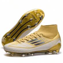 男士足球鞋/足球鞋，高帮运动鞋，青少年专业训练鞋，适合草地、室内和室外运动 - 金色 - 查看 2