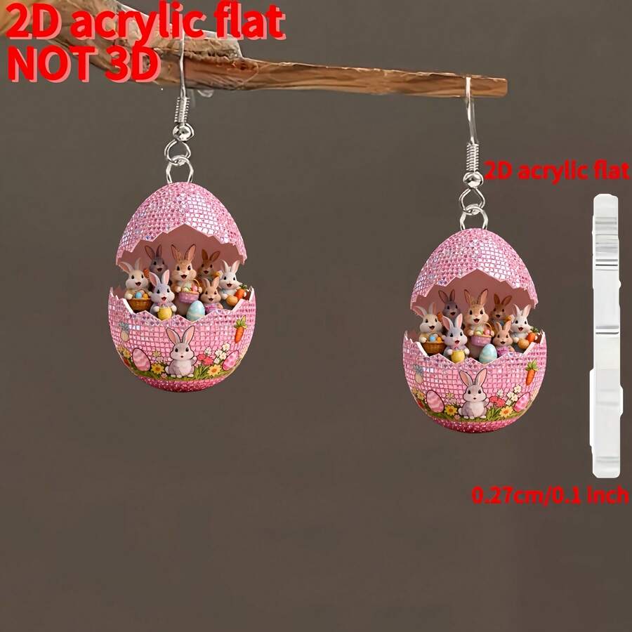 2pcs Easter Novelty Earrings, 2D Flat Cute Rabbit Design Acrylic Earrings - Multicolor - View 1