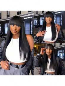 34Inch 180% Density Straight Glue-Less Put On And Go Bob Wig With Bangs Blended Human Hair - Bang Straight Human Hair Wig, Glueless Bob Wig Full Machine Made None Lace Front Wig For Women - Natural Black - 查看 4