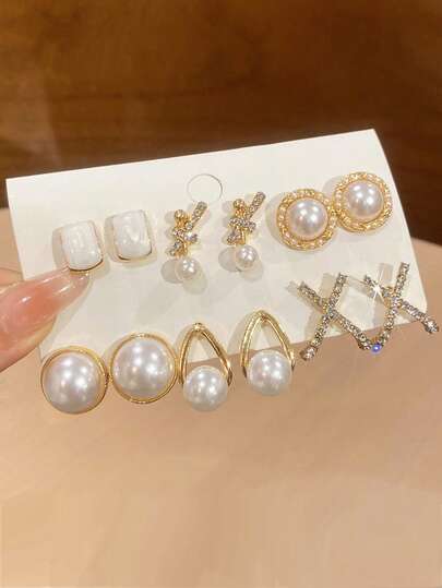 6 Pairs/Set Of Faux Pearl Decorated French Luxury Elegant Earrings Set, Suitable For Daily And Holiday Wear, Retro Fashion Temperament Versatile Earrings, Light Luxury High-End Earrings For Women