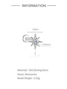 SereneSpark 1pc Moissanite Star Stud Earrings, 925 Sterling Silver, Hypoallergenic, Flat Back Cartilage Earrings, 18K White Gold Plated, Suitable For Daily Wear, Wedding, Party, Engagement, Exquisite Jewelry - White Gold - View 18