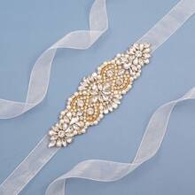 1pc Handmade Gold Crystal Bridal Sash/Belt, Suitable For Wedding Gown, Party Dress - White Organza - View 4