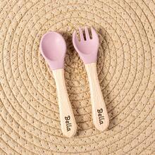 Customized Text Logo Fork & Spoon Set, Silicone Utensils With Wooden Handles, Personalized Name Engraved, Vibrant Colors Suitable For Young People, Durable Cutlery - Multicolor - View 10