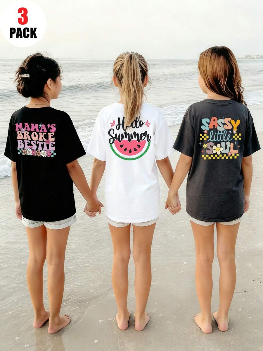 3 件/套女童休闲印花圆领短袖 T 恤，夏季学生幼儿 T 恤 - 微笑花卉时尚 T 恤为每个孩子带来欢乐和幸福！