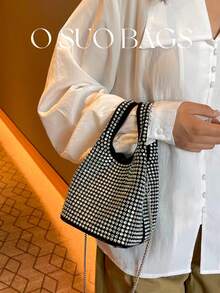 1pc Elegant Silver Handbag, Fashionable Rhinestone Bucket Bag With Chain Shoulder Strap - Silver - View 7