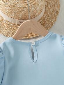 2 Stücke/Set Sommer Neuer Asymmetrischer Kurzarm Einfarbiger Top + Bequeme Weite Bein Hose Anzug für Kleine Mädchen - Babyblau - Übersicht 11