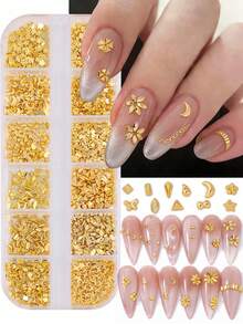 12格迷你金色美甲装饰，DIY金色心形长方形水滴形蝴蝶结美甲配件，美甲用品，美甲饰品，Y2K美甲饰品 - 金色 - 查看 1