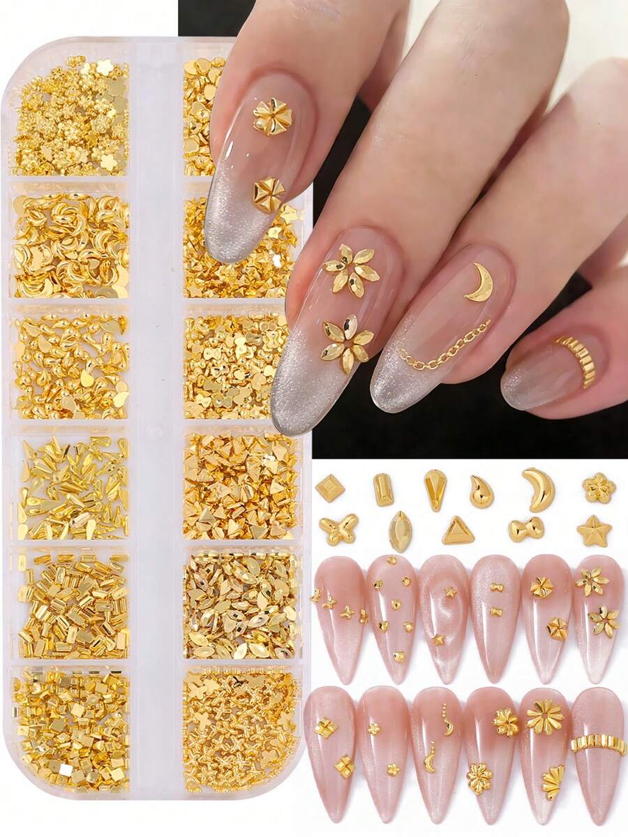 12格迷你金色美甲装饰，DIY金色心形长方形水滴形蝴蝶结美甲配件，美甲用品，美甲饰品，Y2K美甲饰品 - 金色 - 查看 1