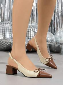 Brown Versatile Color Block Pointed Toe Chunky Heel Pumps, New 2025 Korean Version Metal Buckle Mid Heel Mary Jane Shoes, Elegant Women's Shoes Suitable For Daily, Shopping, Vacation, Party, Banquet, Bowknot High Heels, Fashion Chunky Heel Shoes, Valentine's Day Women's High Heels, Short Heels Women's Shoes - Brown - View 4