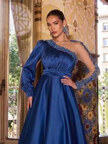 Faeriesty Vestido de Festa Elegante Feminino de Gola Redonda e Manga Assimétrica, Vestido Longo Formal Sofisticado com Entradas de Tule Transparente, Acabamento em Renda e Silhueta Ajustada - Perfeito para Eventos de Feriados, Festas de Ano Novo, Cerimônias Formais, Galas e Bailes de Máscaras, Dia dos Namorados - Azul petróleo - Visão 6