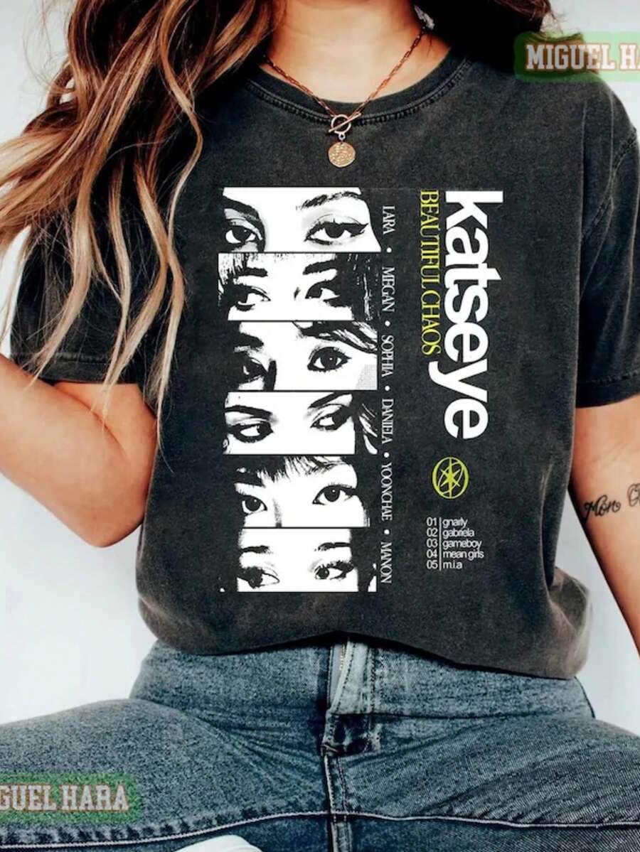 Vintage Katseye 90s T Shirt, Beautiful Chaos Tee, Katseye Kpop Sweatshirt, Katseye Gnarly Shirt, Eyekon Kpop Fan Merch - màu đen - Xem 1