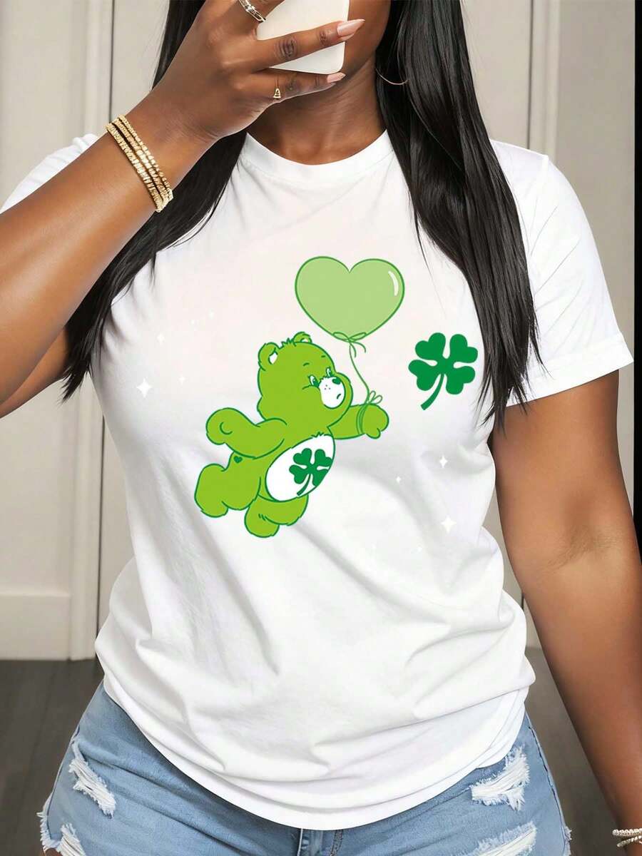 Womens St Patrick's Day Green Care Bear With Clover And Heart Balloon Print T-Shirt Fashion Casual Round Neck Top Soft Comfortable All Season Suitable For St Patrick's Day Celebration Wear - trắng - Xem 1