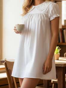 Women Short Sleeve Shirts Solid Color Doll Collar Loose Blouses Summer Casual Tops Streetwear - 白色 - 查看 2