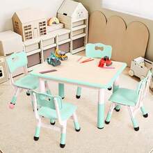 Mesa y 4 Sillas Infantiles Ajustables - Tablero Resistente a Rayones y Fácil de Limpiar, Patas Antideslizantes - Set Multiactividad para Niños - Lago Azul - Ver 1