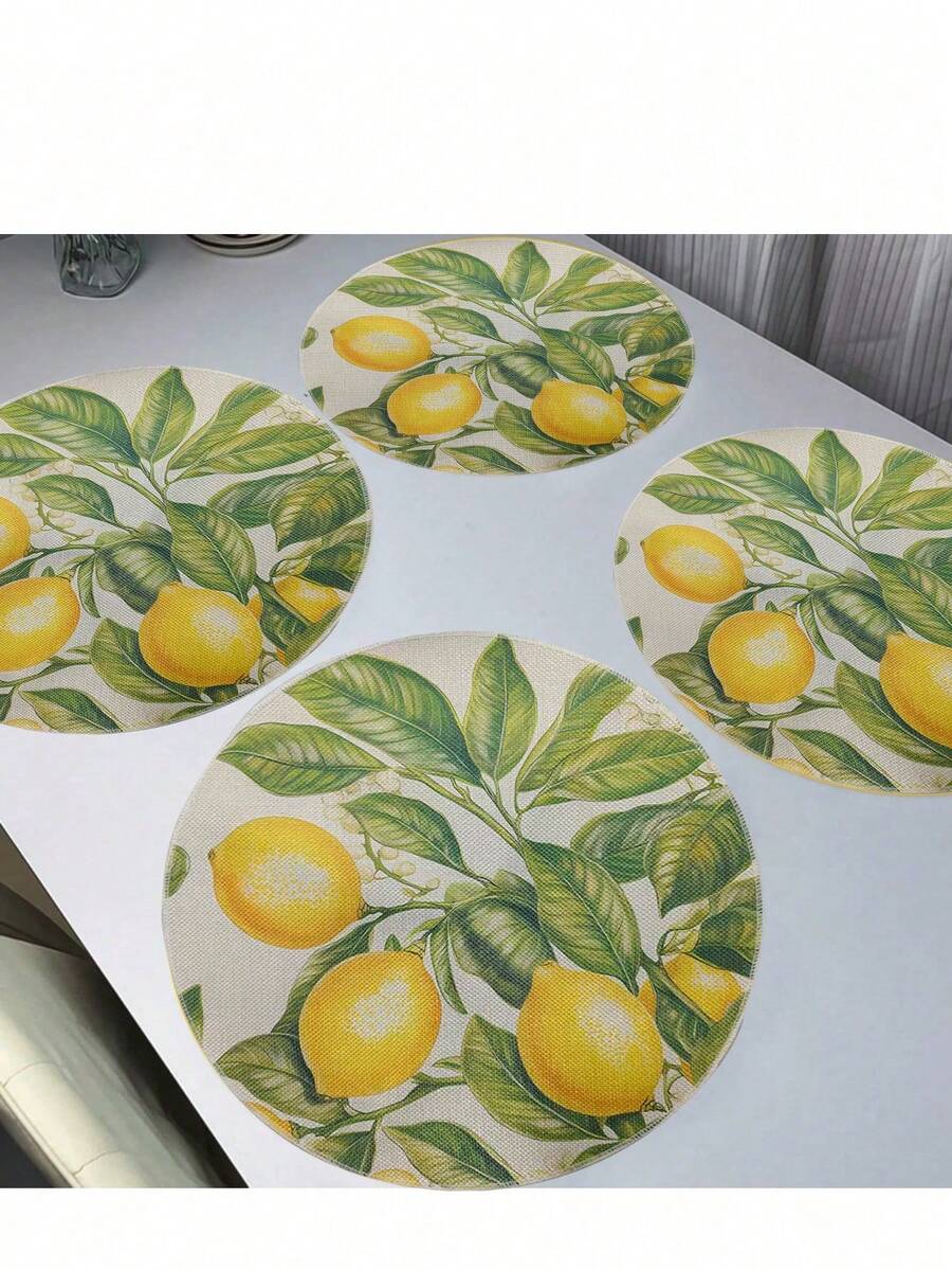4/6 buah Alas Meja Bundar Motif Lemon Kuning, Anti Selip, Dapat Dicuci dengan Mesin, Bahan Linen Tahan Lama, Kerajinan Tenun, Cocok untuk Dekorasi Meja Dapur dan Makan, Dekorasi Liburan, Ukuran: 37cm - MultiWarna - View 1