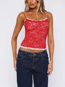 Women Summer Cropped Cami Top, Casual Lace Panel V Neck Spaghetti Strap Sleeveless Tank For Daily Street  Vacation Wear - Đỏ - Xem 3