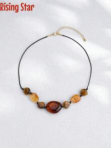 1 Collar de mujer con colgante de resina acrílica de estilo bohemio en color marrón, declaración gruesa y colorida de joyas de moda con cuentas, collares con cuentas para mujeres - Collar de cuentas marrones - Ver 3