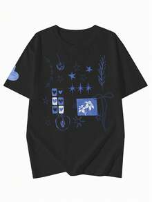 1件装 女士休闲宽松乡村风星形印花撞色T恤，时尚韩版学院风，圆领上衣，2026春夏款 - 黑色 - 查看 4