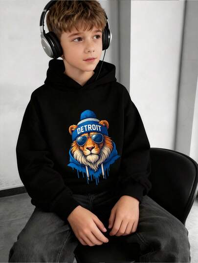 1pc Tween Boys' Casual Printed Pullover Sweatshirt, Thermal Lined, Long Sleeve, Autumn/Winter