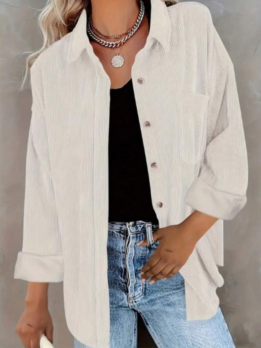 Fashionable Women's Long Sleeve Button Front Corduroy Shacket With Pockets, Versatile Autumn All-Match Shacket, Suitable For Daily Wear - Apricot - View 1