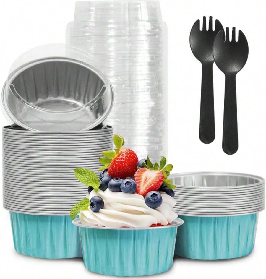 50Pcs Mini Aluminum Foil Cupcake,5oz Baking Cups With Lids,Mini Cake Pans Disposable,Loaf Pans With Lids,Disposable Ramekins,Tin Cups Containers For Cupcake,Pudding,Muffin,Cheesecake (Light Blue) - ColorE - 查看 1