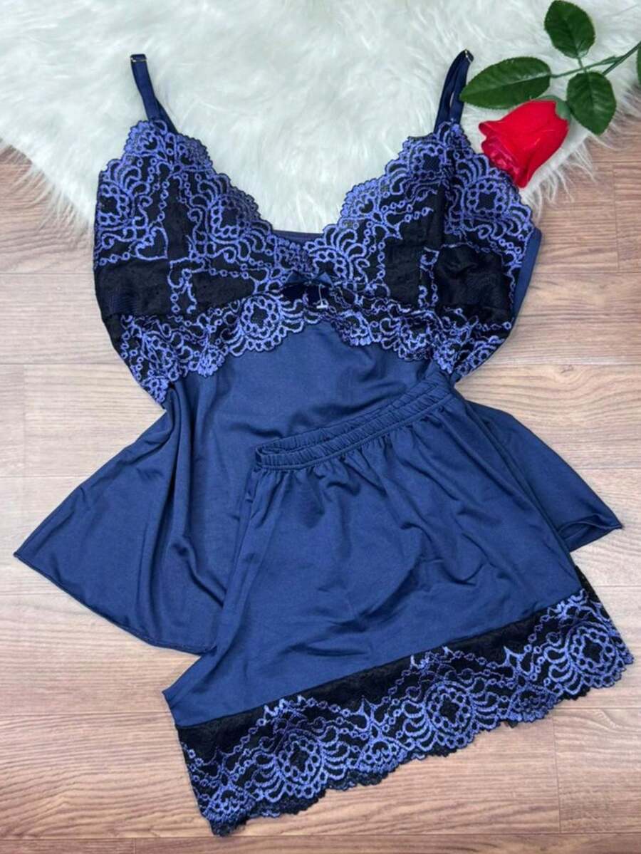Short Doll Women's Pajama Set/ Two-Tone Lace - Royal Blue - View 1