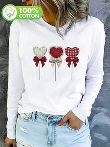 女士长袖T恤，印有可爱的爱心棒棒糖图案，复古小众设计，舒适纯棉圆领套头衫，适合秋冬季穿着。