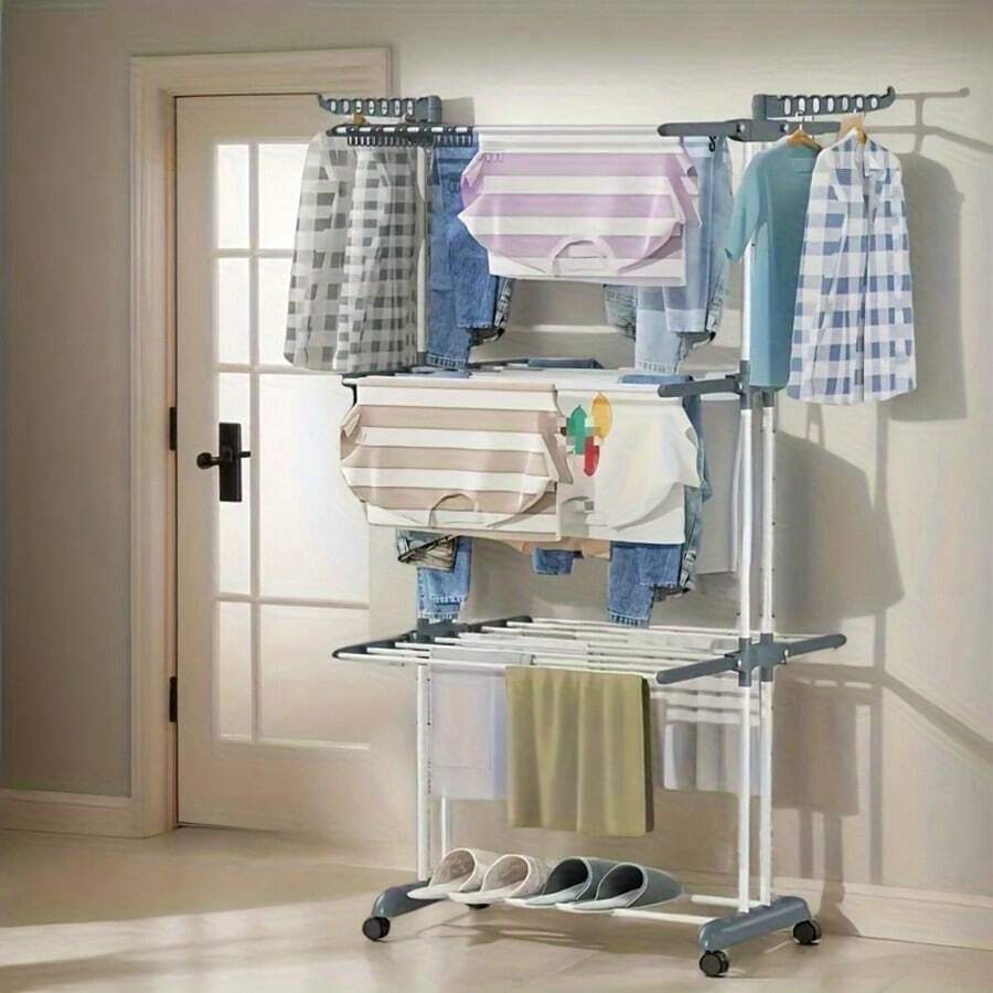 LOVEWE 4-Tier Oversized Foldable Stainless Steel Drying Rack (24 Poles +14 Hooks), 60.7" High Movable Laundry Rack (4 Castors) For Home/Dorm/Hotel, Grey - Xám - Xem 1