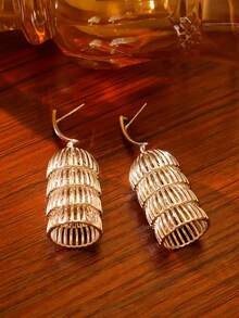 1 Pair Unique 3D Caged Moon Vintage Earrings, Minimalist Hollow Out Elegant Earrings For Women - Antique Silver - View 8