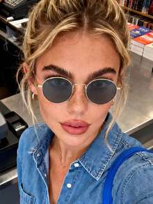 1 Pair Vintage Metal Round Small Frame Sunglasses, Retro Street Style Fashion Glasses, Metal Frame Black Fashion Eyewear, Travel Beach Accessory, Women's Beach Accessory, Autumn/Winter Basic, Women's Outfit, Business Casual, Gift, College Style, Back To School Season - Black and Gray - View 5
