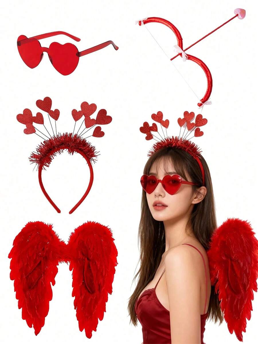 4pcs/1pc Cupid Valentine's Day Costume Set, Including Red Wings, Bow & Arrow, Headband And Glasses, Suitable For Holiday Role Play, Photo Props, Birthday Gifts, Romantic Decor, Special Nights, Anniversary Decor, Valentine's Day Party Supplies, Valentine's Day Costume Accessories, Unisex, Also Suitable For Singles Valentine's Day Party - Multicolor - View 1
