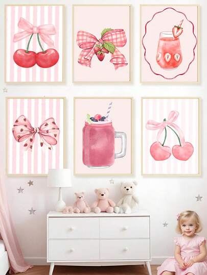 1pc Canvas Wall Art - Pink Berry And Bow Wall Decoration, Cherry Strawberry Printable Artwork, Perfect For Girls' Playroom Wall Decor, Baby Goods_Pink-Toned Girly Room Decor – Framed Nursery Wall Art Perfectly Suited For Playroom Decor Nursery Decor, Childcare Room Decor, Preschool Decor, Boy's Room Decor Girl's Bedroom Decor Kids' Room Decor Valentine's Day Decor