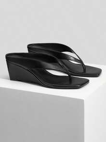 Women's Low Wedge Sandals  Dressy Square Open Toe Summer Beach Flip Flops Thong Heeled Sandals Match Any Outfit Effortlessly - 黑色 - 查看 10