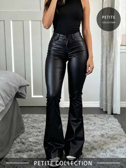 XS Faux Leather Black Flare Pants, Slim Fit, Suitable For Spring/Summer Wear, Y2K Style, Suitable For Party, Commute, Vacation, Festivals, Outdoor Activities, Tall Women, Outings, Black, Trousers