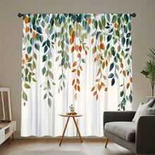 2pcs Watercolor Willow Leaf Curtain, Featuring Green And Orange Plant Pattern Flat Print Design, Ideal For Living Room/Bedroom Window Decor To Create A Natural Home Style. Rod Pocket Curtain. - Multicolor - View 2