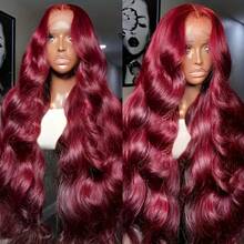 30 Inch 99j Burgundy Wig Human Hair 250% Density Body Wave Lace Front Wigs Human Hair Glueless 13x4 HD Transparent Lace Frontal Wig Burgundy Wine Red Colored Body Wave Wig Pre Plucked With Baby Hair No Shedding & Easy Maintenance - S99J - 查看 3